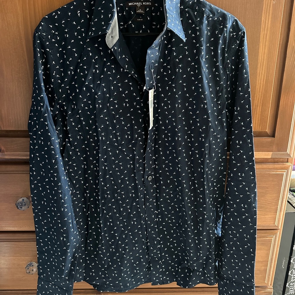 Michael Kors Blue Casual Button Down Shirt with Polka Dot Pattern